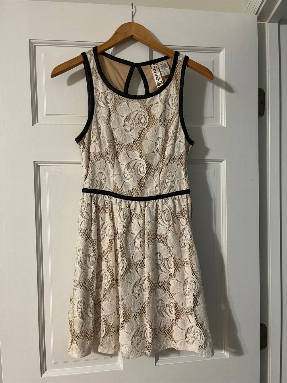 Cream Lace Fit-and-Flare Dress with Black Trim